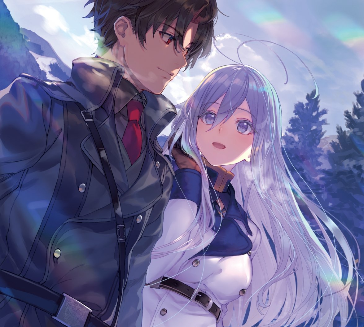 1boy 1girl 86_-eightysix- antenna_hair belt blush breasts brown_hair character_request closed_mouth coat day grey_eyes long_hair looking_at_another medium_breasts necktie open_mouth outdoors red_eyes red_neckwear shirabi short_hair silver_hair smile very_long_hair vladilena_millize white_coat