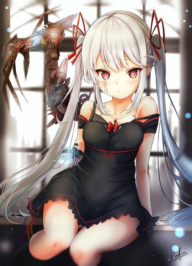 1girl android arm_support bangs black_dress black_legwear blurry blurry_background blush breasts cable clouds cloudy_sky collarbone damaged day dress earrings electricity grey_hair hair_ribbon jewelry kneehighs light_particles long_hair looking_at_viewer mechanical_parts mechanical_wings medium_breasts necklace original parts_exposed red_eyes red_ribbon renka_(cloudsaikou) ribbon sidelocks signature sky solo strap_slip stud_earrings twintails very_long_hair window wings