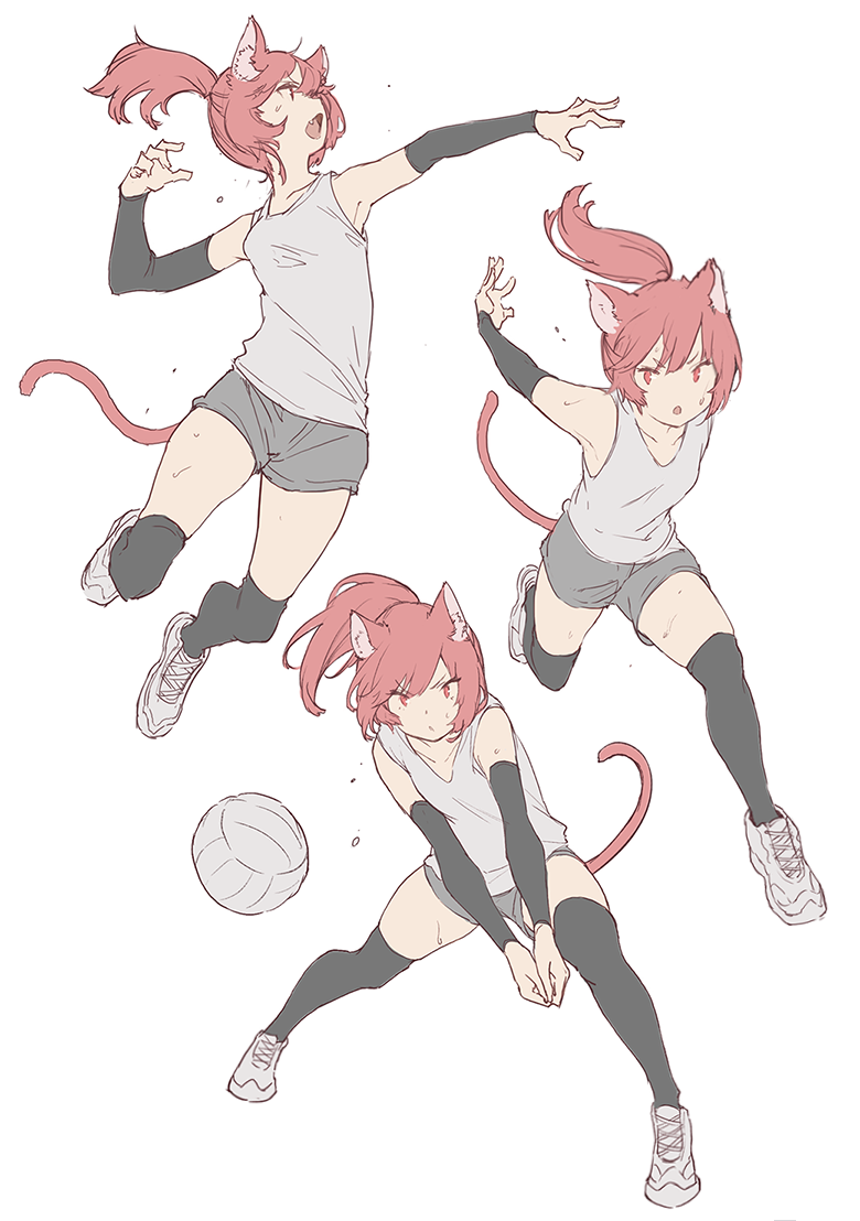 1girl animal_ears arm_warmers armpits black_legwear breasts cat_ears cat_tail commentary fang full_body long_hair mogumo multiple_views original own_hands_together pink_hair ponytail running shoes short_shorts shorts simple_background small_breasts sneakers sportswear sweat tail tank_top thigh-highs volleyball volleyball_uniform white_background