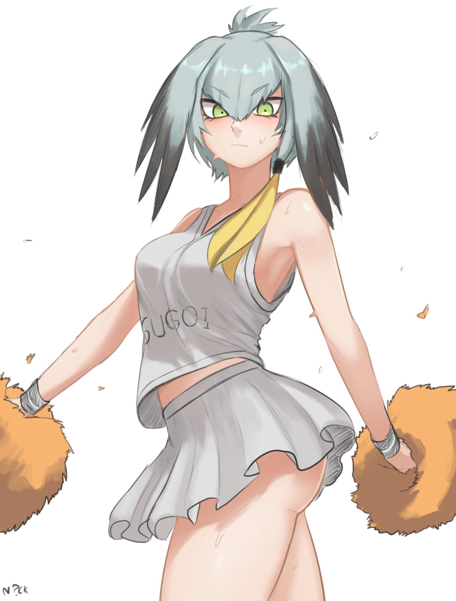 1girl alternate_costume ass bangs bare_shoulders blonde_hair blush cheerleader clothes_writing commentary cowboy_shot english_commentary eyebrows_visible_through_hair from_side green_eyes grey_hair grey_shirt grey_skirt hair_between_eyes head_wings highres kemono_friends looking_at_viewer multicolored_hair nickniceth pom_poms serious shirt shoebill_(kemono_friends) simple_background single_sidelock skirt sleeveless sleeveless_shirt solo sweat two-tone_hair v-shaped_eyebrows white_background wristband
