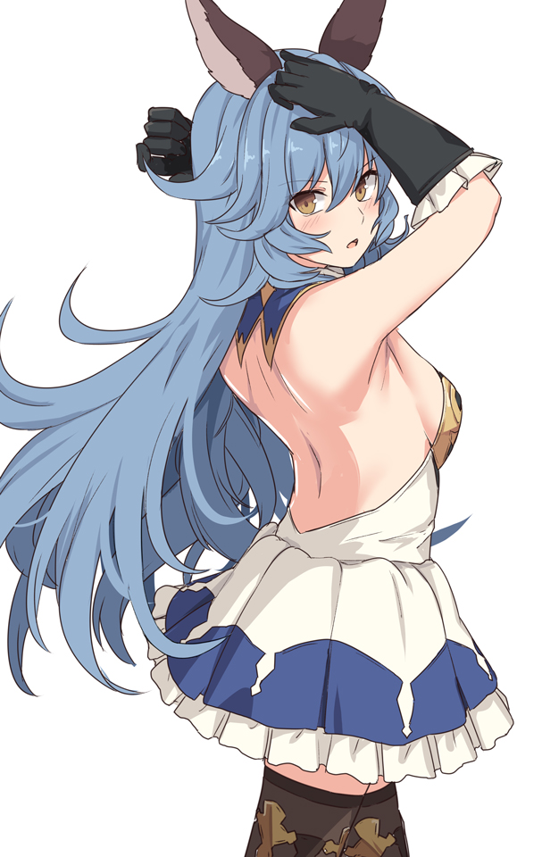 1girl animal_ears bare_back bare_shoulders black_gloves blue_hair blue_skirt blush breasts brown_eyes erune eyebrows_visible_through_hair ferry_(granblue_fantasy) frills from_behind gloves granblue_fantasy hair_between_eyes long_hair looking_at_viewer open_mouth rabbit_ears shiseki_hirame sideboob simple_background skirt small_breasts solo thigh-highs wavy_hair white_background white_skirt