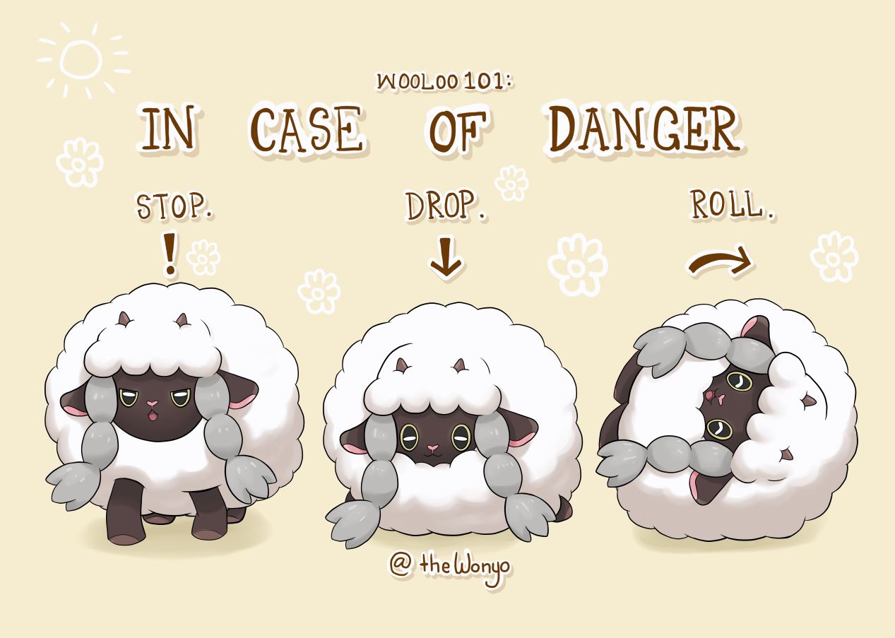 :3 animal_ears braid brown_background commentary english_commentary english_text gen_8_pokemon horns no_humans open_mouth pokemon pokemon_(creature) pokemon_(game) pokemon_swsh rolling sheep sheep_ears simple_background smile twin_braids wonyo wooloo