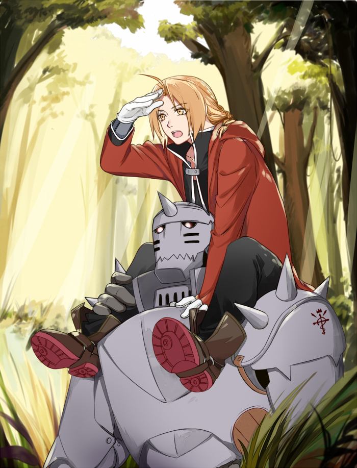 2boys ahoge alphonse_elric black_pants black_shirt blonde_hair boots braided_ponytail brown_footwear day edward_elric forest fullmetal_alchemist gloves hair_over_shoulder long_hair multiple_boys nature ninebirds open_mouth outdoors pants ponytail shirt sunlight white_gloves yellow_eyes