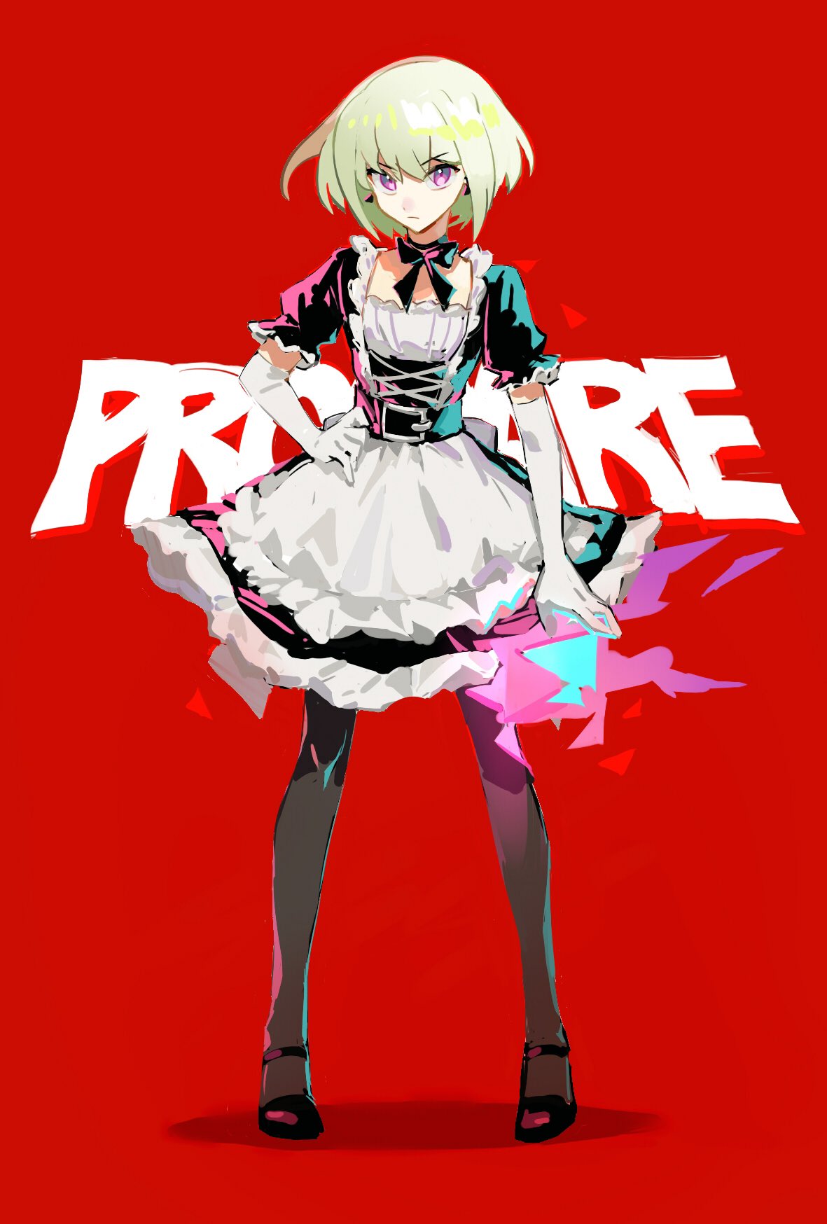 1boy alternate_costume apron black_dress copyright_name crossdressinging dress enmaided fire frills hand_on_hip highres lio_fotia maid maid_apron maid_headdress male_focus nvahninoto otoko_no_ko promare puffy_short_sleeves puffy_sleeves ribbon short_sleeves violet_eyes waist_apron