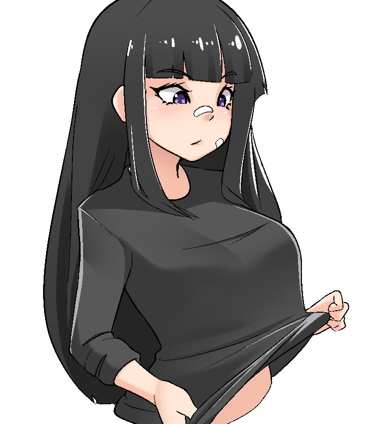 1girl bandaid bandaid_on_face bandaid_on_nose bangs black_hair black_shirt blunt_bangs breasts commentary cropped_torso english_commentary eyebrows_visible_through_hair large_breasts lifted_by_self long_hair long_sleeves midriff_peek mochi_(chain_csn) original shirt shirt_lift sidelocks simple_background solo upper_body violet_eyes white_background