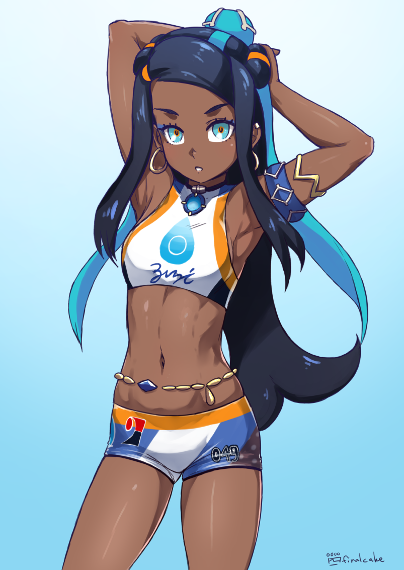 1girl armlet armpits arms_up artist_name ass_visible_through_thighs bare_shoulders black_hair blue_background blue_eyes blue_hair breasts dark_skin earrings finalcake hoop_earrings jewelry long_hair looking_at_viewer midriff multicolored_hair navel necklace pokemon pokemon_(game) rurina_(pokemon) shorts simple_background solo sports_bra sportswear standing stomach