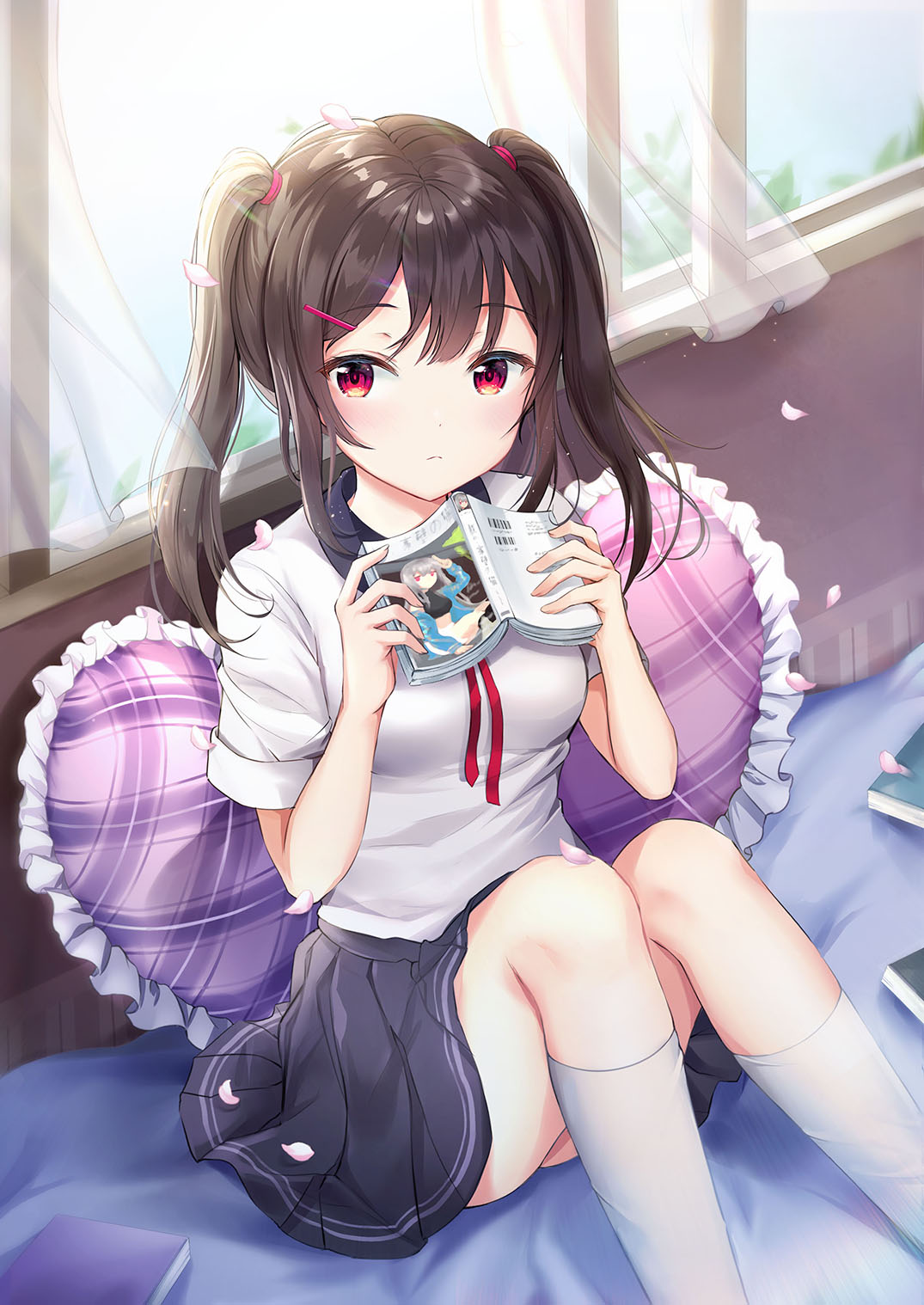 1girl bangs black_skirt blush book brown_hair cherry_blossoms curtains day eyebrows_visible_through_hair frilled_pillow frills frown hair_ornament hairclip heart heart_pillow highres holding holding_book indoors kneehighs looking_at_viewer looking_to_the_side milllim novel_(object) on_bed open_window original petals pillow plaid pleated_skirt red_eyes red_ribbon ribbon shirt sidelocks sitting skirt sleeves_folded_up thighs twintails uniform white_legwear white_shirt wind window