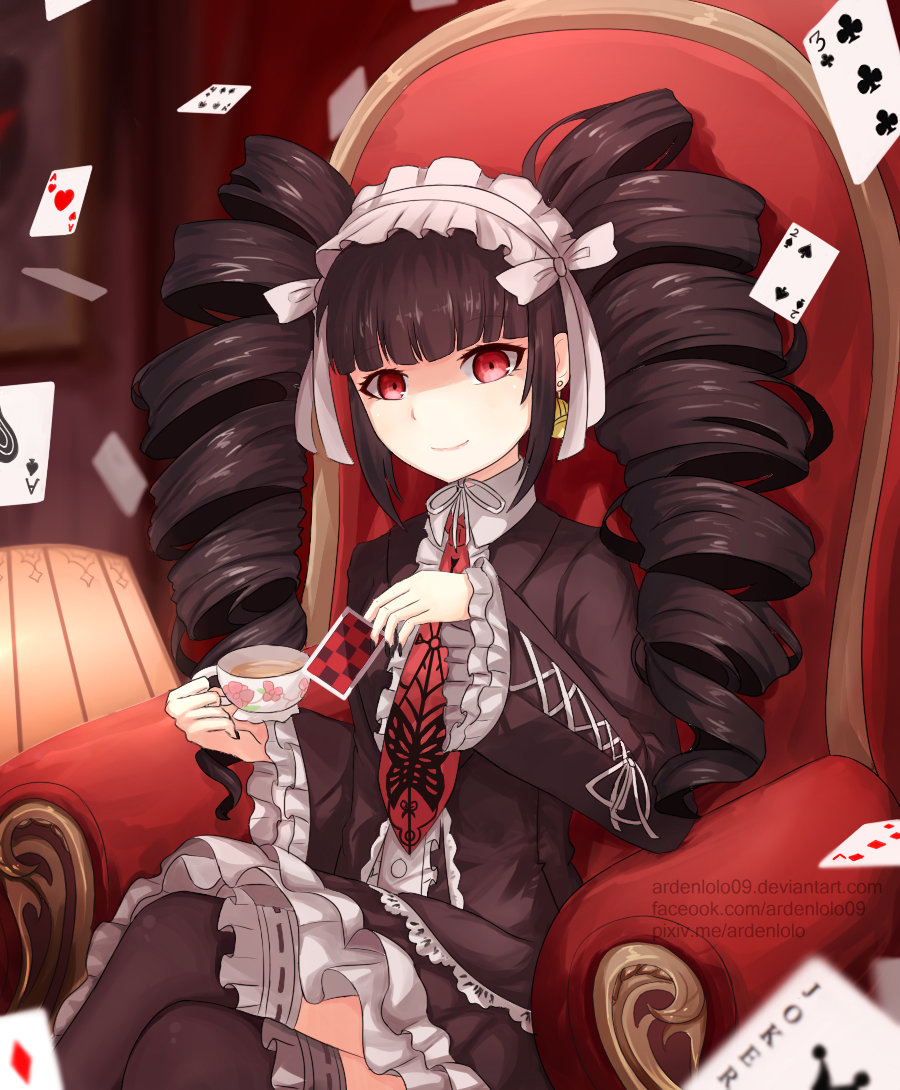 1girl ardenlolo black_hair black_legwear black_nails bonnet card celestia_ludenberck chair commentary cup dangan_ronpa dress drill_hair english_commentary frills gothic_lolita hairband holding holding_cup lamp lolita_fashion long_hair nail_polish necktie playing_card red_eyes red_neckwear ribbon sitting smile solo thigh-highs twin_drills twintails white_ribbon
