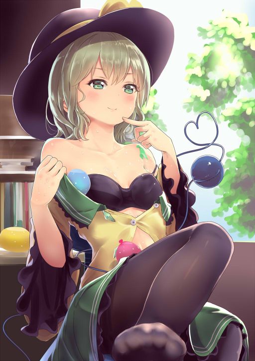 1girl bandeau bangs bare_shoulders black_bra black_headwear black_legwear blush book bra collarbone commentary_request culter feet_out_of_frame finger_to_chin frilled_sleeves frills green_eyes green_hair green_skirt hands_up hat hat_ribbon heart heart_of_string indoors komeiji_koishi long_sleeves miniskirt no_shoes off_shoulder pantyhose petticoat ribbon shirt short_hair sitting skirt smile solo strap_slip thighs third_eye touhou underwear wide_sleeves window yellow_ribbon yellow_shirt