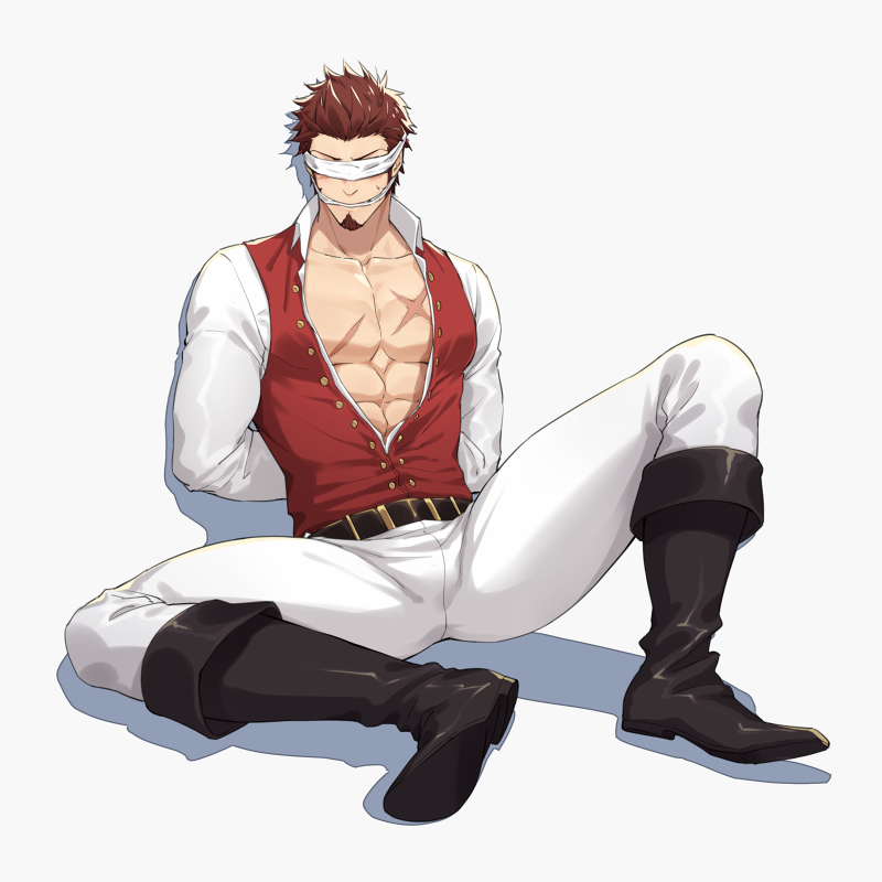 1boy 47_(479992103) abs arms_behind_back beard black_footwear blindfold boots brown_hair cleave_gag closed_mouth cloth_gag collared_shirt facial_hair fate/grand_order fate_(series) full_body gag gagged improvised_gag long_sleeves male_focus napoleon_bonaparte_(fate/grand_order) open_clothes open_shirt pants pectorals red_vest scar shirt simple_background sitting solo spread_legs teeth vest white_pants white_shirt