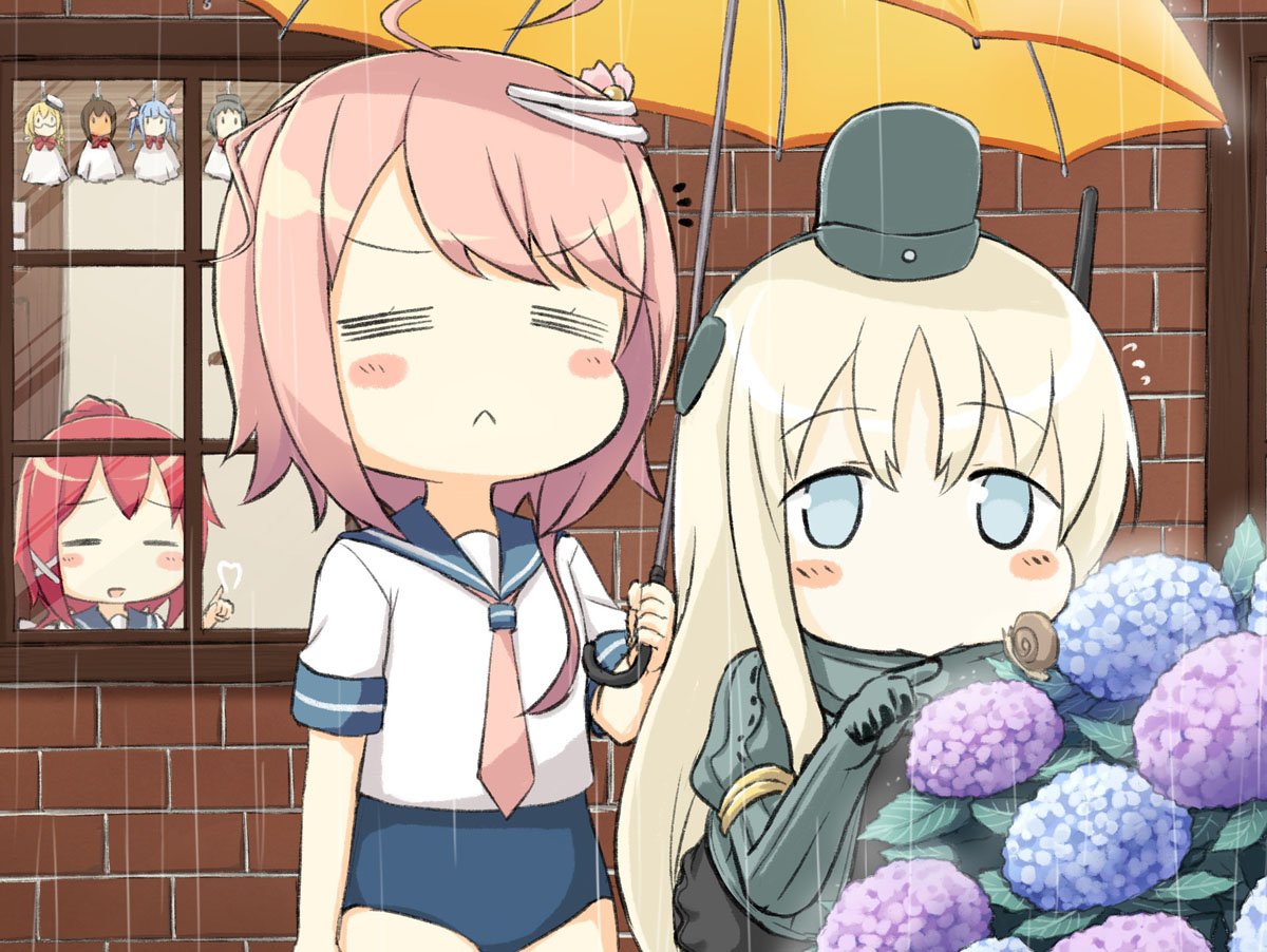 3girls ahoge blue_eyes chibi commentary_request cropped_jacket engiyoshi flower garrison_cap hair_ornament hair_ribbon hat heart holding holding_umbrella i-168_(kantai_collection) i-19_(kantai_collection) i-401_(kantai_collection) i-58_(kantai_collection) i-8_(kantai_collection) kantai_collection long_hair long_sleeves maru-yu_(kantai_collection) military military_uniform multiple_girls neckerchief one-piece_swimsuit pink_hair ponytail puffy_long_sleeves puffy_sleeves rain redhead ribbon sailor_collar school_swimsuit school_uniform serafuku short_hair snail swimsuit swimsuit_under_clothes teruterubouzu u-511_(kantai_collection) umbrella uniform water white_hair