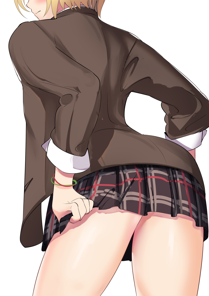 1girl ass black_hair blonde_hair commentary expressionless from_behind from_below highres idolmaster idolmaster_shiny_colors plaid plaid_skirt saijou_juri schreibe_shura short_hair skirt skirt_grab solo thighs white_background