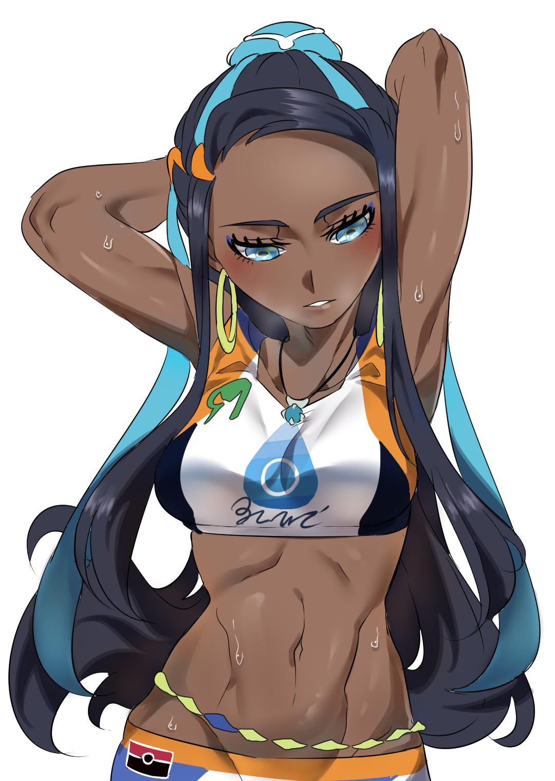 1girl armlet arms_up black_hair blue_eyes blue_hair blush breasts commentary_request dark_skin earrings eyeshadow geroro44 hair_bun highres hoop_earrings jewelry long_hair makeup medium_breasts midriff navel necklace parted_lips pokemon pokemon_(game) rurina_(pokemon) shiny shiny_hair shiny_skin simple_background solo sports_bra sportswear standing sweat toned white_background