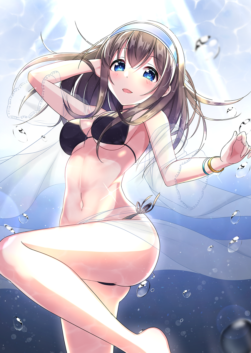 1girl air_bubble ass bangs bare_legs bare_shoulders bikini black_bikini black_hair blue_eyes blush breasts bubble eyebrows_visible_through_hair hair_between_eyes hand_behind_head headband highres idolmaster idolmaster_cinderella_girls long_hair looking_at_viewer medium_breasts navel ocean open_mouth outdoors sagisawa_fumika see-through_sleeves side-tie_bikini sidelocks smile solo sunlight sutoroa swimsuit underwear water wristband