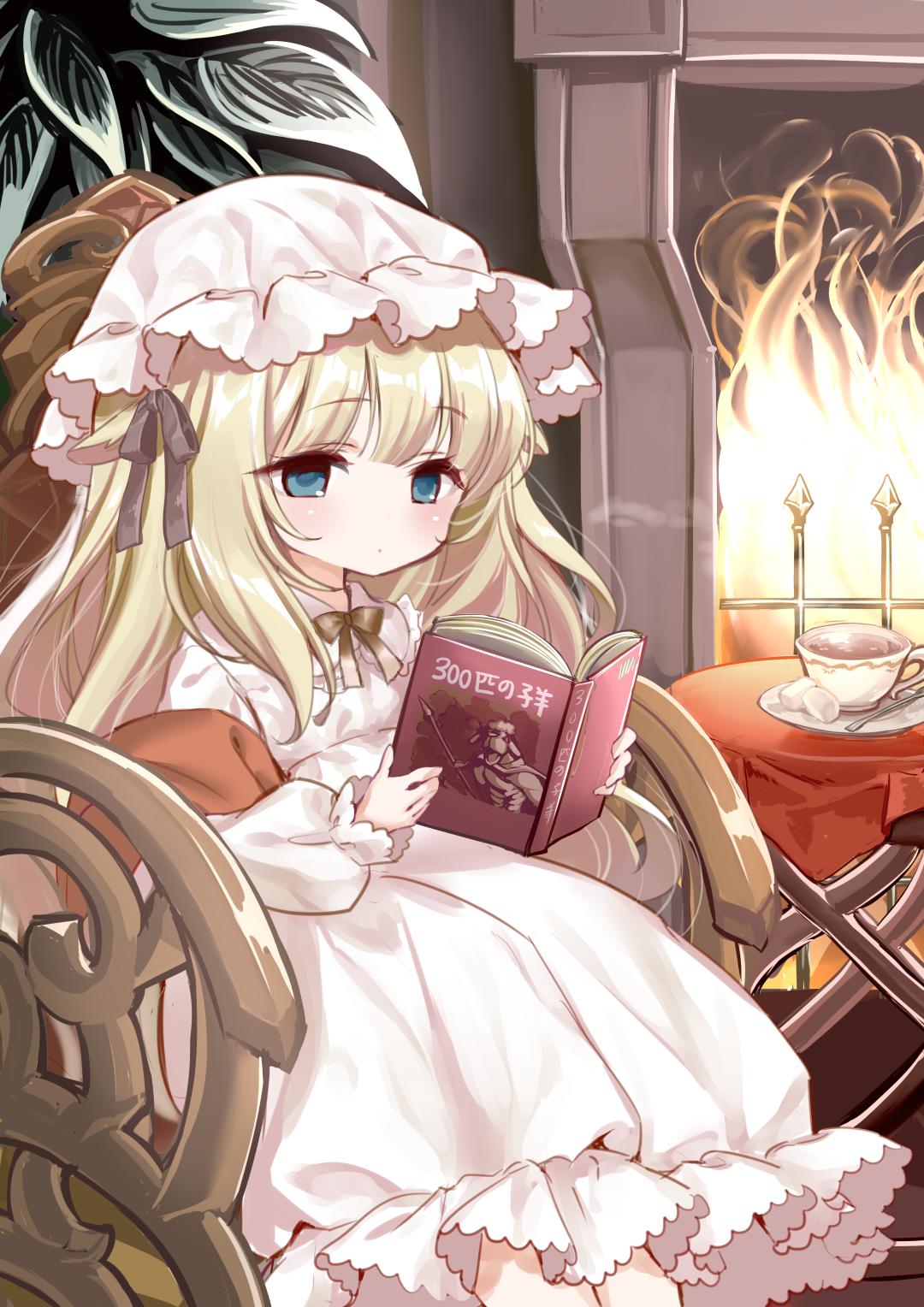 .live 1girl animal_ears blonde_hair blue_eyes book chair commentary_request expressionless fire fireplace gothic_lolita highres lolita_fashion long_hair merry_milk merry_milk_no_mori metk plant plate reading sitting solo tea virtual_youtuber