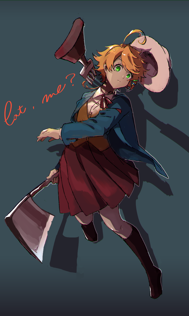 1girl ahoge axe ayame_(ayame122snow) bangs black_legwear blue_jacket borrowed_garments brown_hair closed_mouth collared_shirt dress_shirt emma_(yakusoku_no_neverland) eyebrows_visible_through_hair full_body green_eyes grey_background hat highres holding holding_axe jacket kneehighs long_sleeves miniskirt neck_ribbon open_clothes open_jacket pleated_skirt red_ribbon red_skirt ribbon shirt short_hair sketch skirt solo sun_hat swept_bangs white_headwear white_shirt wing_collar yakusoku_no_neverland