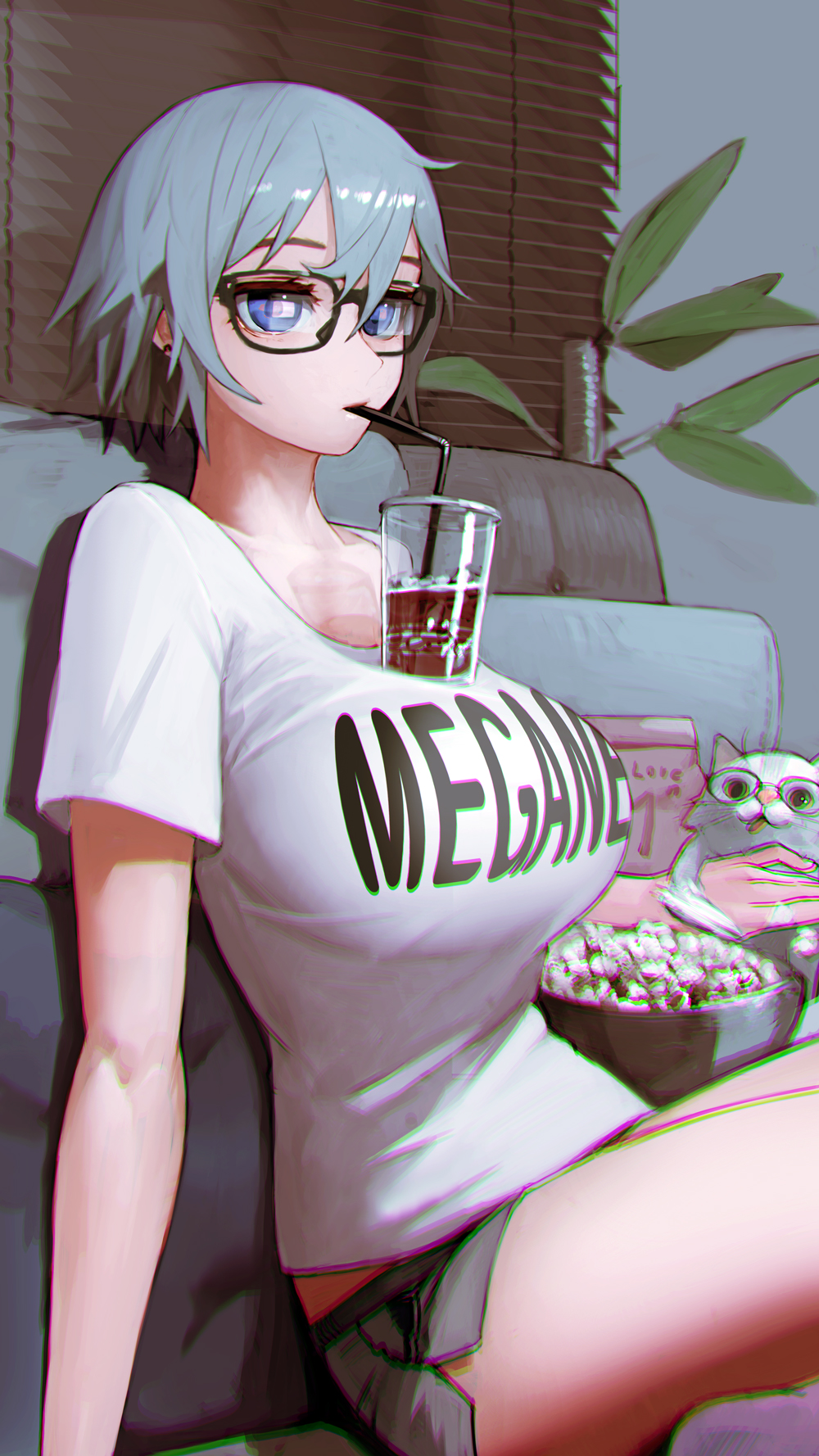 1girl bangs black-framed_eyewear blue_eyes bowl boyshorts breasts cat chromatic_aberration clothes_writing commentary_request couch cup drinking drinking_glass drinking_straw food glasses highres hiragana_(gomasyabu) indoors large_breasts looking_at_viewer original pillow plant popcorn reflection shirt short_hair short_sleeves sitting solo t-shirt tawawa_challenge white_shirt