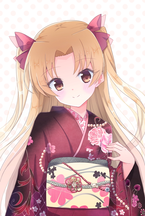 1girl bangs blonde_hair blush bow brown_eyes closed_mouth commentary_request ereshkigal_(fate/grand_order) eyebrows_visible_through_hair fate/grand_order fate_(series) floral_print forehead hair_bow hand_up head_tilt japanese_clothes kimono long_hair long_sleeves obi parted_bangs polka_dot polka_dot_background print_kimono red_bow red_kimono sash smile solo suzume_anko tohsaka_rin toosaka_rin two_side_up white_background wide_sleeves