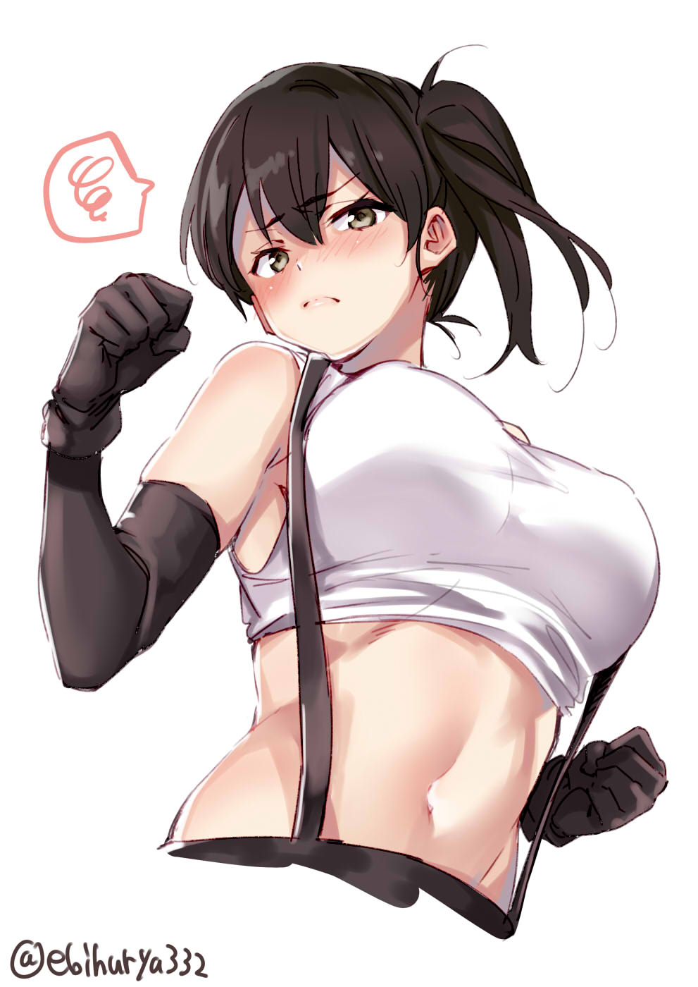 1girl alternate_costume bare_shoulders blush breasts brown_eyes brown_hair cosplay cropped_torso ebifurya elbow_gloves final_fantasy final_fantasy_vii from_below frown gloves highres kaga_(kantai_collection) kantai_collection large_breasts long_hair looking_at_viewer midriff serious shirt side_ponytail skirt solo spoken_squiggle squiggle suspender_skirt suspenders tank_top taut_clothes taut_shirt tifa_lockhart tifa_lockhart_(cosplay)