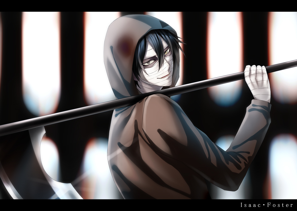 1boy bandage_on_face bandaged_hand black_hair brown_jacket character_name dark_skin from_side head_tilt holding holding_scythe hood hood_up hooded_jacket isaac_foster jacket kazuya_31 long_sleeves looking_at_viewer male_focus open_mouth satsuriku_no_tenshi scythe smile solo upper_body