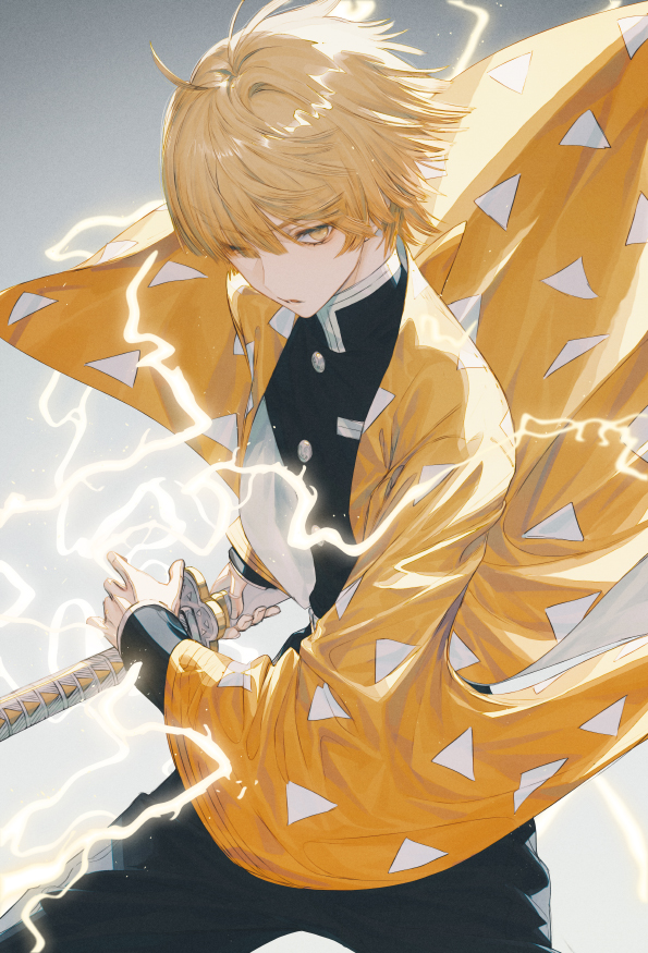 1boy agatsuma_zenitsu ahoge bangs blonde_hair electricity fighting_stance gradient gradient_background hair_between_eyes holding holding_sword holding_weapon japanese_clothes katana kimetsu_no_yaiba ready_to_draw serious short_hair simple_background solo standing sword symbol_commentary wanke weapon wide_sleeves yellow_eyes