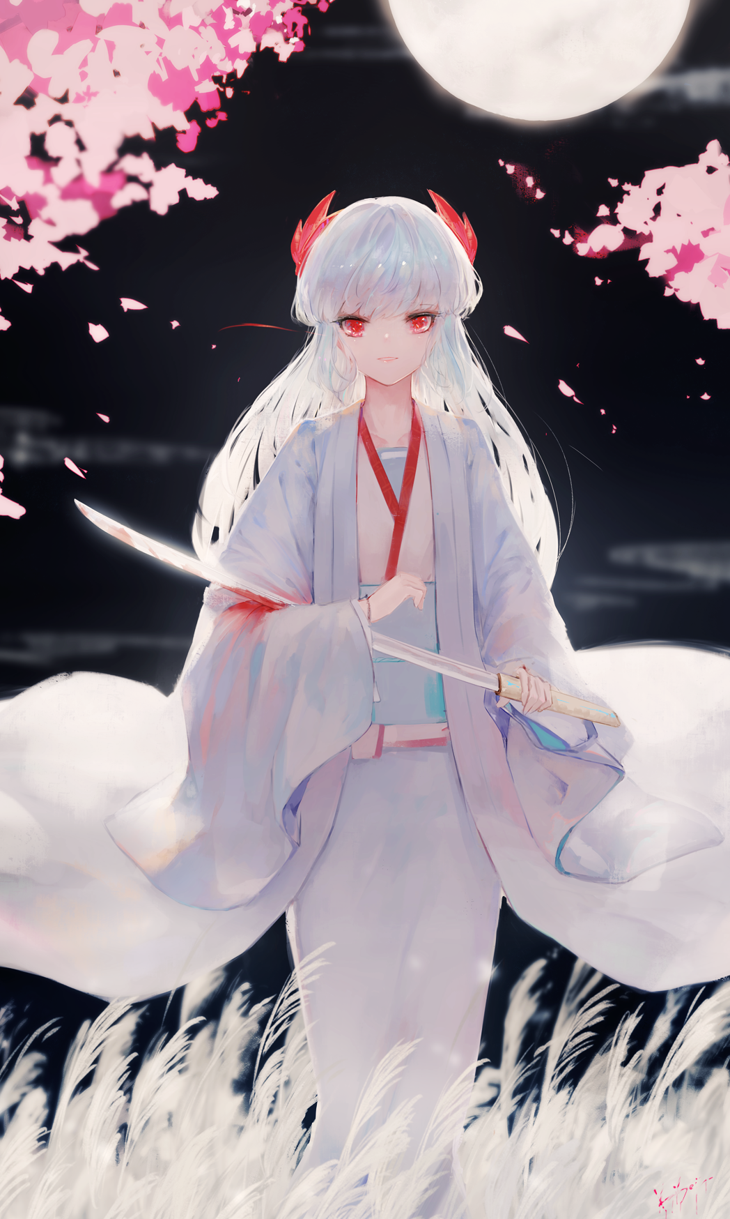 1girl bangs blood bloody_clothes bloody_weapon blurry blurry_background clouds collarbone commentary depth_of_field eyebrows_visible_through_hair field flower full_moon highres holding holding_sword holding_weapon horns japanese_clothes katana kimono kisei2 long_hair long_sleeves moon night night_sky obi open_clothes original parted_lips petals pink_flower red_eyes romaji_commentary sash signature silver_hair sky solo sword very_long_hair weapon white_kimono wide_sleeves