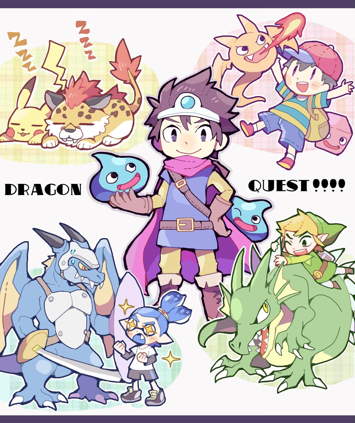 animal blonde_hair blue_eyes blue_skin boots brown_eyes brown_hair cape chibi closed_eyes copy_ability dragon dragon_quest dragon_quest_iii earrings elbow_gloves fire gen_1_pokemon gloves hat helmet highres inkling jewelry link male_focus monster mother_(game) mother_2 ness one_eye_closed open_mouth pikachu pokemon pokemon_(creature) pokemon_(game) roto shield shirt short_hair sleeping slime slime_(dragon_quest) smile sparkle splatoon_(series) super_smash_bros. sword teijiro tentacle_hair the_legend_of_zelda the_legend_of_zelda:_the_wind_waker tiger toon_link weapon