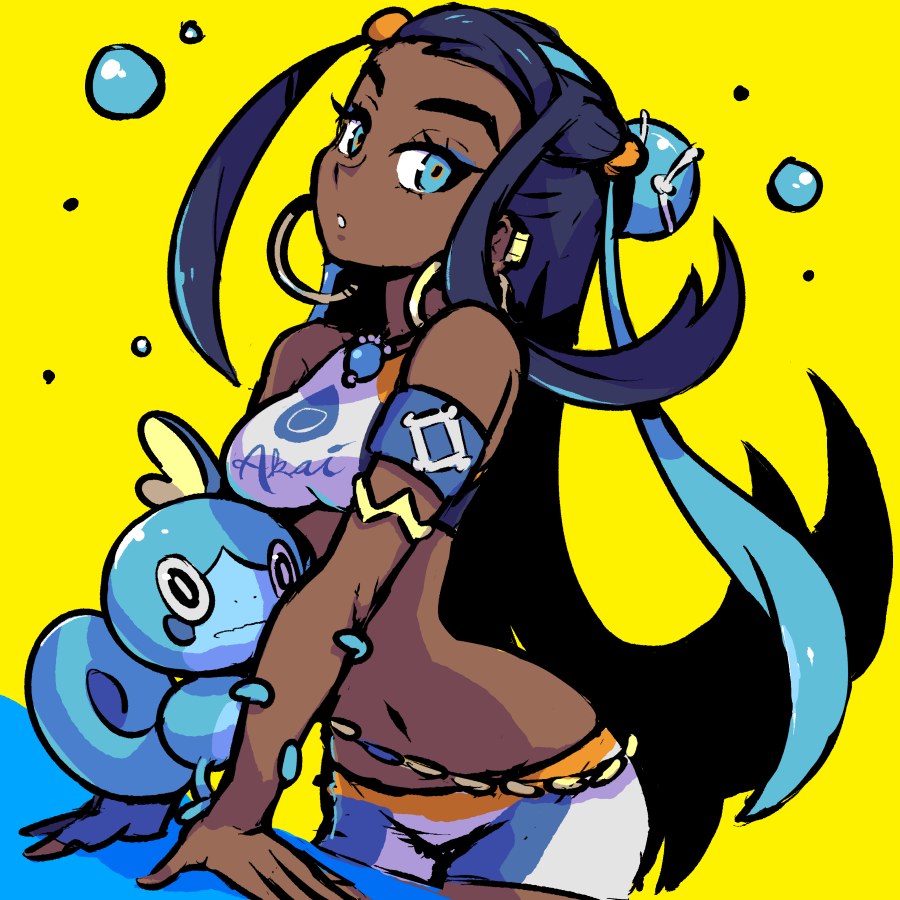 1girl akairiot armlet black_hair blue_eyes blue_hair dark_skin full_body gen_8_pokemon gloves hair_bun holding jewelry looking_at_viewer navel necklace partly_fingerless_gloves pokemon pokemon_(creature) pokemon_(game) pokemon_swsh rurina_(pokemon) single_glove smile sobble sports_bra sportswear transparent_background water