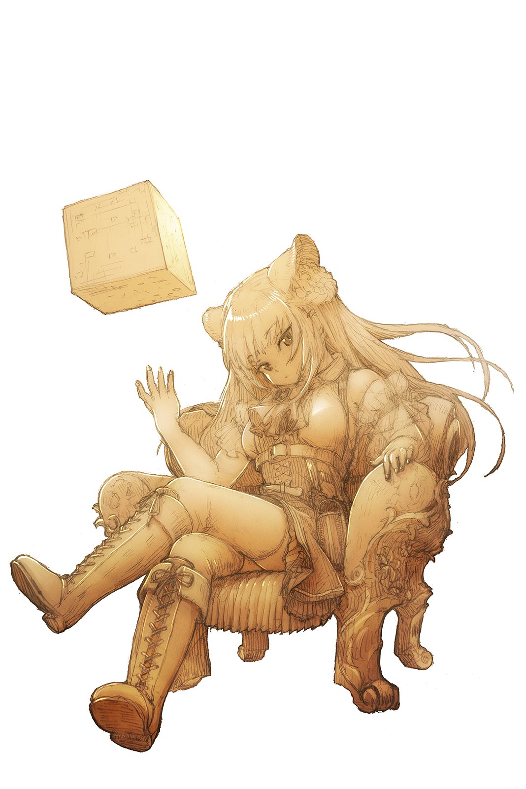 1girl animal_ear_fluff animal_ears arm_garter armchair ascot atelier_fraulein bangs bare_shoulders boots breasts chair closed_mouth cross-laced_footwear crossed_legs cube eyebrows_visible_through_hair feral_lemma fingernails full_body hand_up head_tilt high-waist_skirt highres knee_boots lace-up_boots long_hair medium_breasts monochrome on_chair sepia shidou_lio shirt sidelocks simple_background skirt sleeveless sleeveless_shirt solo thigh-highs very_long_hair virtual_youtuber white_background