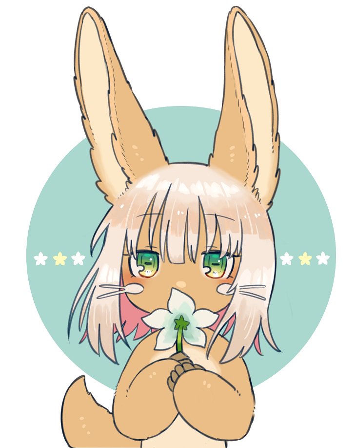 1other ambiguous_gender animal_ears blush eyebrows_visible_through_hair flower furry green_eyes holding holding_flower kawasemi27 looking_at_viewer made_in_abyss nanachi_(made_in_abyss) short_hair tail upper_body whiskers white_hair