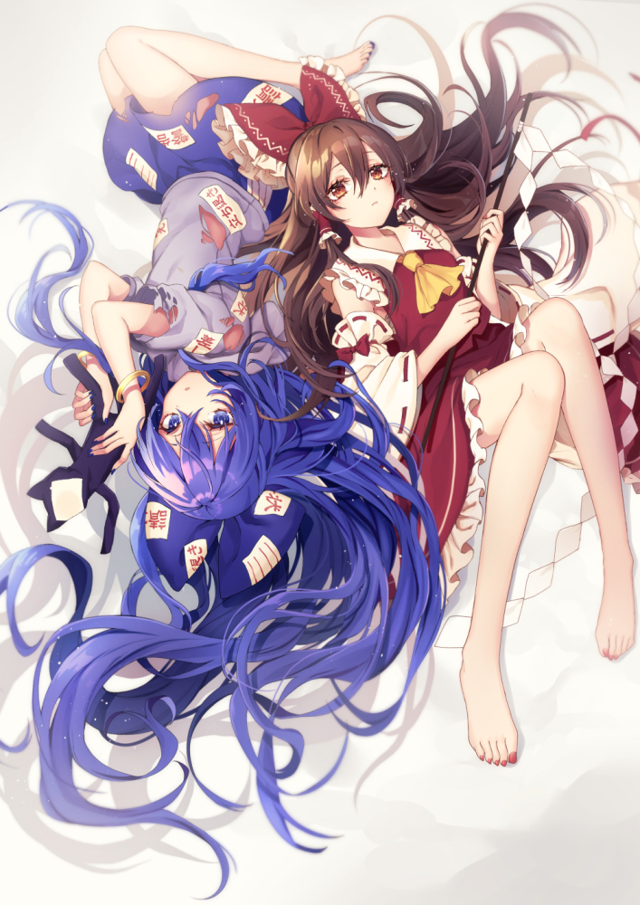 2girls ascot bangle bangs bare_shoulders barefoot bed_sheet blue_bow blue_eyes blue_hair blue_nails blue_skirt blush bow bracelet brown_eyes brown_hair commentary_request debt detached_sleeves eyebrows_visible_through_hair frilled_bow frilled_shirt_collar frills full_body gohei grey_hoodie hair_between_eyes hair_bow hair_tubes hakurei_reimu hands_up holding holding_stuffed_animal hood hoodie jewelry kyouda_suzuka long_hair long_sleeves looking_at_viewer lying miniskirt multiple_girls nail_polish on_back parted_lips petticoat red_bow red_nails red_skirt ribbon-trimmed_sleeves ribbon_trim short_sleeves sidelocks skirt stuffed_animal stuffed_cat stuffed_toy thighs toenail_polish torn_clothes torn_hoodie torn_skirt torn_sleeves touhou upside-down very_long_hair wide_sleeves yellow_neckwear yorigami_shion