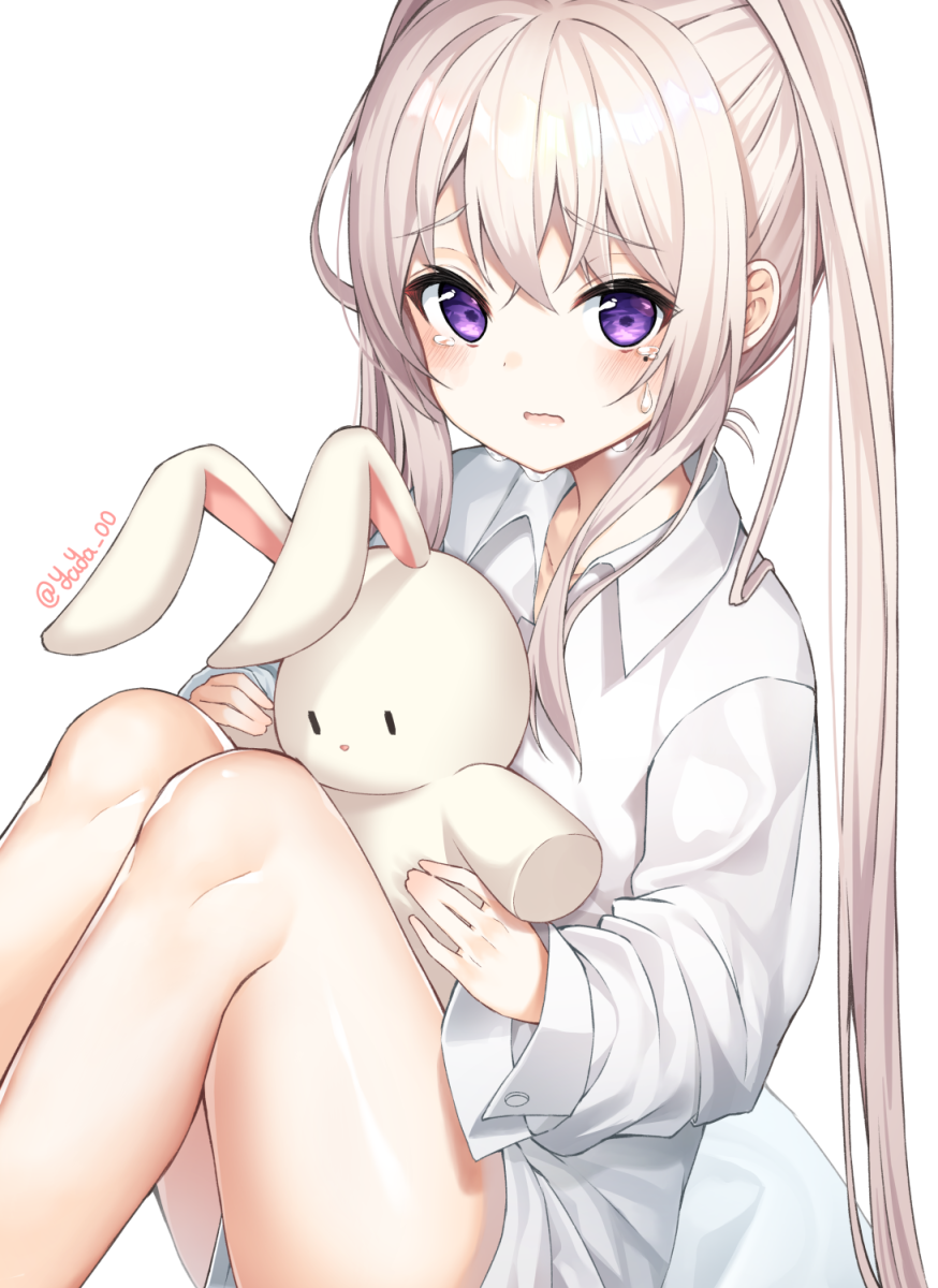 1girl bare_legs blush collarbone collared_shirt crying crying_with_eyes_open highres inhoya2000 knees_up long_hair long_sleeves looking_at_viewer maplestory mole mole_under_eye open_mouth orchid_(maplestory) shirt sidelocks silver_hair simple_background sitting solo stuffed_animal stuffed_bunny stuffed_toy tears thighs twintails twitter_username very_long_hair violet_eyes wavy_mouth white_background white_shirt