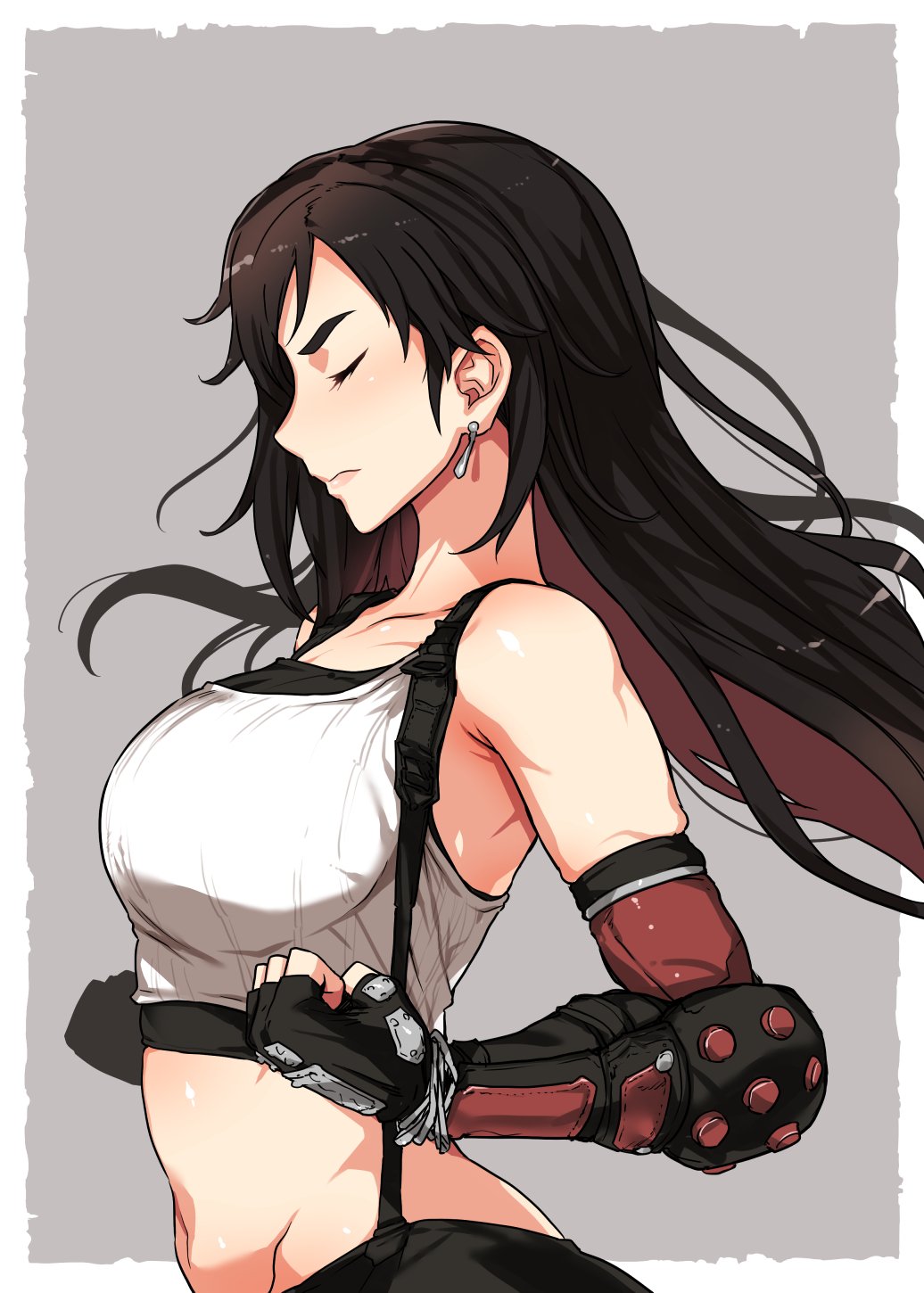 1girl black_hair black_undershirt blush breasts closed_eyes denki_shougun earrings final_fantasy final_fantasy_vii final_fantasy_vii_remake fingerless_gloves from_side gloves grey_background highres jewelry large_breasts long_hair navel portrait simple_background sleeveless solo suspenders tank_top tifa_lockhart upper_body