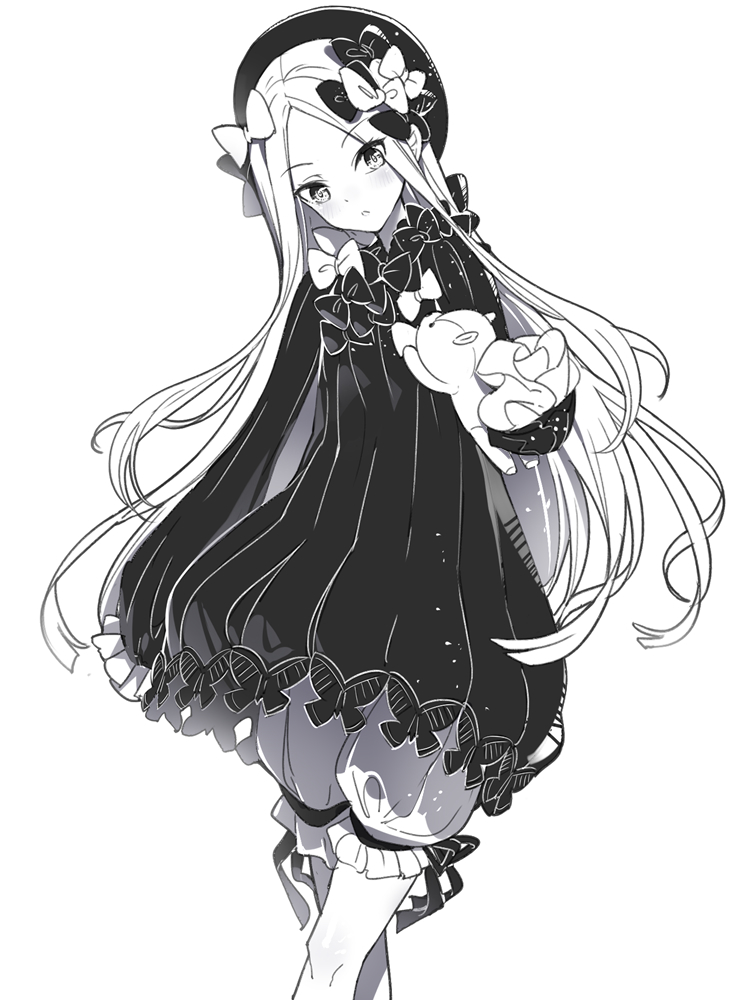 1girl abigail_williams_(fate/grand_order) bangs bloomers blush bow bug butterfly dress eyebrows_visible_through_hair fate/grand_order fate_(series) forehead greyscale hair_bow hat head_tilt insect long_hair long_sleeves monochrome object_hug parted_bangs parted_lips ririko_(zhuoyandesailaer) simple_background sleeves_past_fingers sleeves_past_wrists solo stuffed_animal stuffed_toy teddy_bear underwear very_long_hair white_background