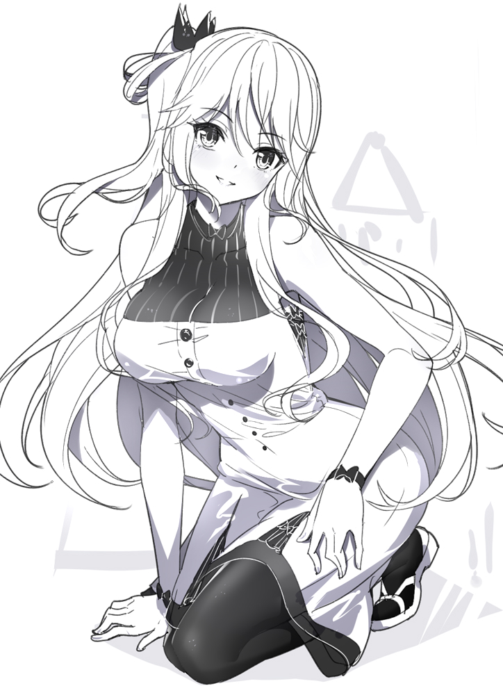 1girl arm_support bangs bare_shoulders blush bow breasts dress emily_stock eyebrows_visible_through_hair fingernails full_body greyscale hair_between_eyes hair_bow head_tilt kneeling long_hair medium_breasts monochrome one_side_up original pantyhose parted_lips ririko_(zhuoyandesailaer) sandals sleeveless sleeveless_dress smile solo very_long_hair white_background