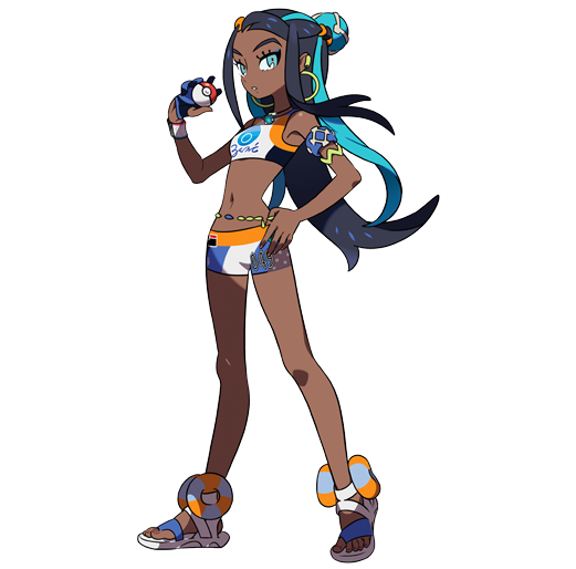 1girl armlet black_hair blue_eyes blue_hair dark_skin full_body gloves hair_bun holding holding_poke_ball jewelry long_hair looking_at_viewer multicolored_hair navel necklace official_art partly_fingerless_gloves poke_ball poke_ball_(generic) pokemon pokemon_(game) pokemon_swsh ponytail rurina_(pokemon) sandals shorts single_glove sports_bra sportswear transparent_background two-tone_hair