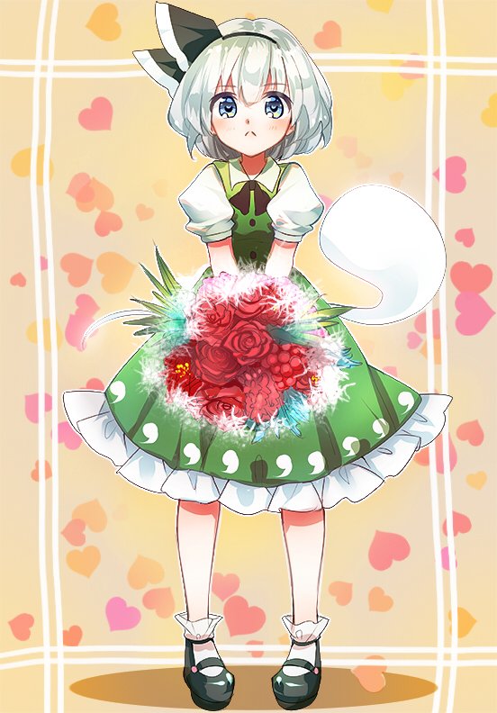 1girl :&lt; aqua_eyes bangs black_footwear black_hairband blush bouquet closed_mouth dress eyebrows_visible_through_hair flower frilled_sleeves frills full_body green_dress hairband heart heart_background holding holding_bouquet konpaku_youmu konpaku_youmu_(ghost) looking_at_viewer mary_janes nagare pinafore_dress puffy_short_sleeves puffy_sleeves red_flower shoes short_hair short_sleeves silver_hair socks solo standing tareme touhou white_legwear