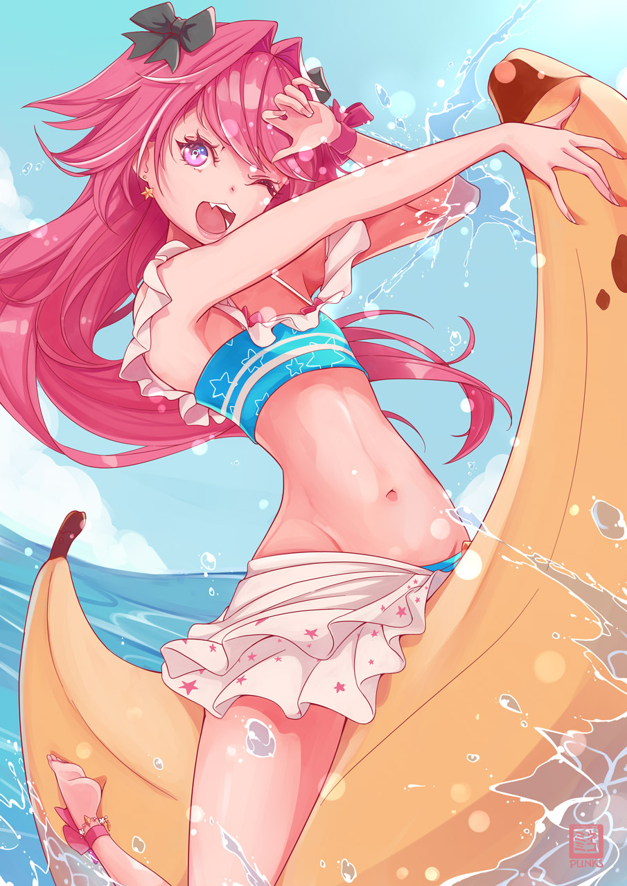 1boy astolfo_(fate) banana banana_boat bangs black_bow bow commentary_request earrings fang fate/apocrypha fate/grand_order fate_(series) food fruit hair_bow hair_intakes hair_ribbon highres jewelry long_hair looking_at_viewer male_focus multicolored_hair navel nekomimipunks one_eye_closed otoko_no_ko pink_hair pink_nails ribbon sitting solo star star_earrings streaked_hair swimsuit violet_eyes water wristband