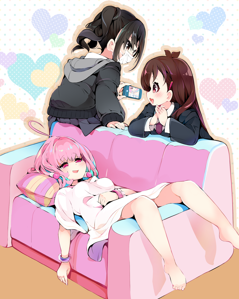 3girls ahoge antenna_hair bare_legs barefoot black_hair black_jacket blazer blue_hair bracelet brown_hair cellphone collared_shirt commentary_request couch hair_ornament hairclip idolmaster idolmaster_cinderella_girls jacket jewelry long_hair lying multicolored_hair multiple_girls necktie on_back oversized_clothes oversized_shirt phone pillow pink_eyes pink_hair pleated_skirt shirt short_hair skirt smartphone sunazuka_akira surgical_mask tsujino_akari twintails two-tone_hair usoneko white_shirt yumemi_riamu