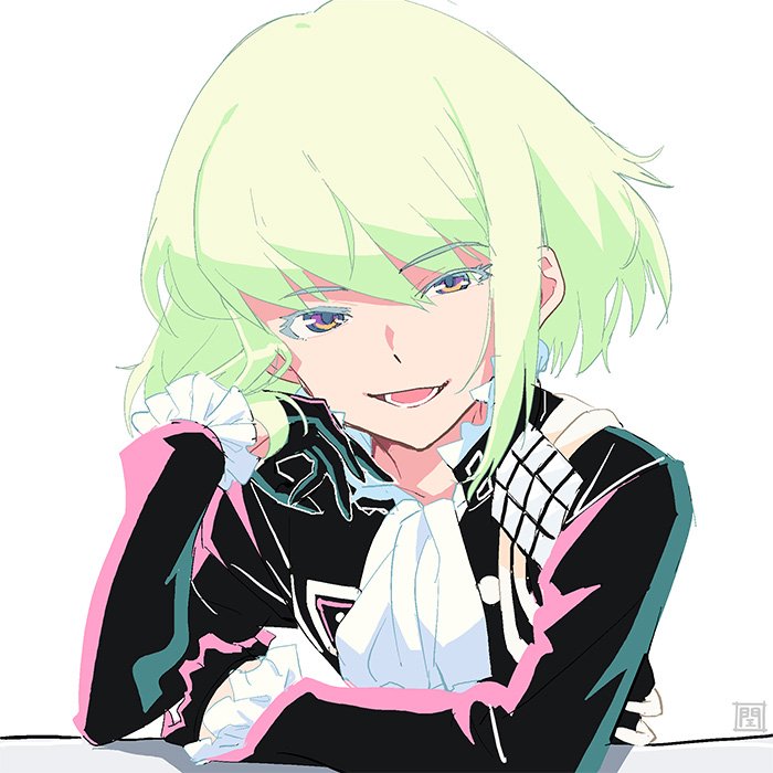 1boy black_gloves black_jacket blonde_hair cravat gloves green_hair half_gloves hand_on_own_cheek jacket lio_fotia male_focus promare smile solo violet_eyes zyunya