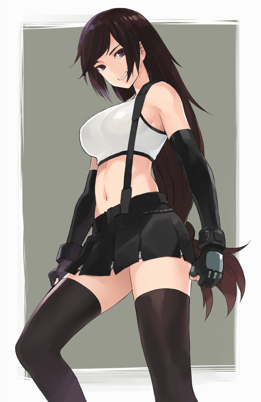 1girl black_gloves black_legwear black_skirt breasts clenched_hands crop_top elbow_gloves final_fantasy final_fantasy_vii final_fantasy_vii_remake fingerless_gloves gloves grey_background highres long_hair looking_at_viewer musashimaru navel pleated_skirt skirt smile solo standing stomach suspenders thigh-highs tifa_lockhart