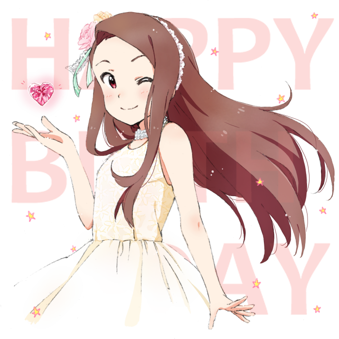 1girl brown_hair closed_mouth demirinz dress floating_hair happy_birthday idolmaster idolmaster_(classic) long_hair looking_at_viewer minase_iori one_eye_closed red_eyes sleeveless sleeveless_dress smile solo standing very_long_hair white_dress