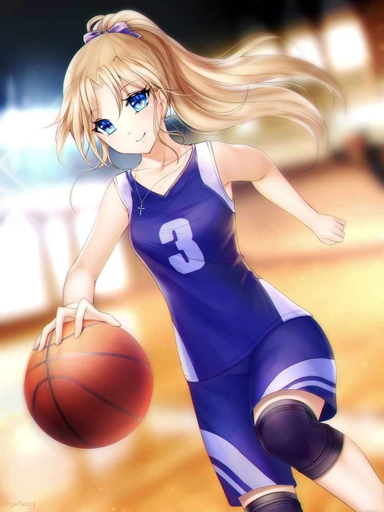 1girl basketball basketball_court basketball_jersey basketball_uniform blonde_hair blue_eyes blue_shirt blue_shorts blurry blurry_background bow collarbone commission eyebrows_visible_through_hair floating_hair gigamessy hair_between_eyes hair_bow high_ponytail jewelry knee_pads long_hair necklace original parted_lips purple_bow shirt shorts sleeveless sleeveless_shirt smile solo sportswear very_long_hair