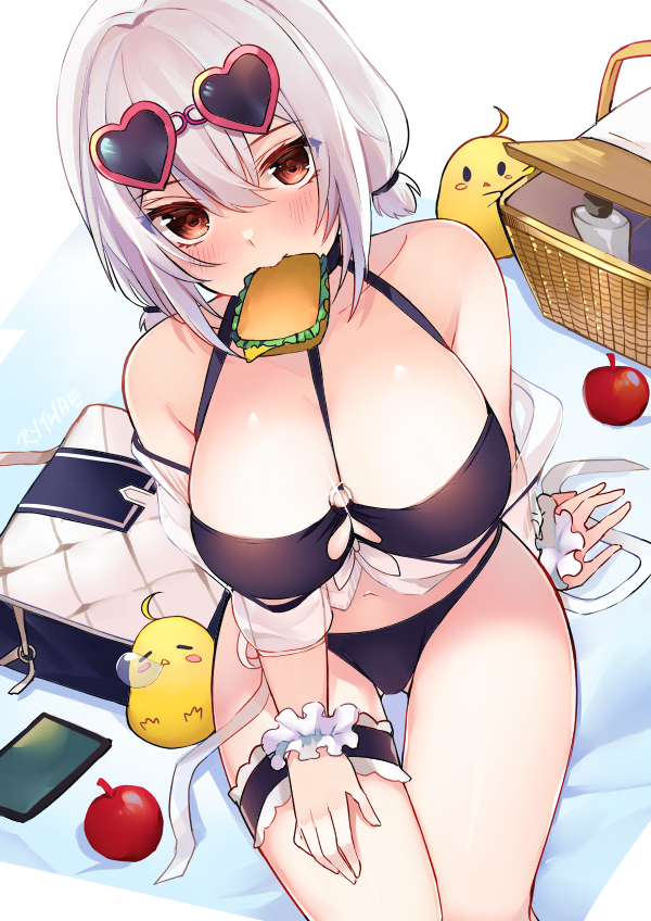 1girl ahoge alternate_costume apple arm_support arms_at_sides artist_name ass_visible_through_thighs azur_lane bag bare_shoulders bikini bird black_bikini black_choker black_legwear blanket blush breasts cellphone chick choker collarbone eating eyebrows_visible_through_hair eyes_visible_through_hair eyewear_on_head food food_in_mouth frilled_legwear from_above fruit hair_between_eyes hair_intakes hand_on_own_thigh handbag heart heart-shaped_eyewear huge_breasts legs_together looking_at_viewer manjuu_(azur_lane) mouth_hold o-ring o-ring_bikini o-ring_top phone picnic_basket pink-framed_eyewear red_eyes ry_thae sandwich scrunchie sirius_(azur_lane) sirius_(midsummer_seirios)_(azur_lane) sitting sleeping smartphone sunglasses swimsuit thigh_gap thigh_strap thighs white_frills white_hair white_scrunchie wrist_scrunchie