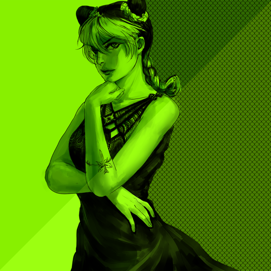 1girl arm_across_waist black_dress braid clenched_hand double_bun dress green_background green_theme hand_on_own_chin jojo_no_kimyou_na_bouken kuujou_jolyne looking_at_viewer manya-kun multicolored_hair simple_background sleeveless sleeveless_dress solo standing stone_ocean tattoo two-tone_hair