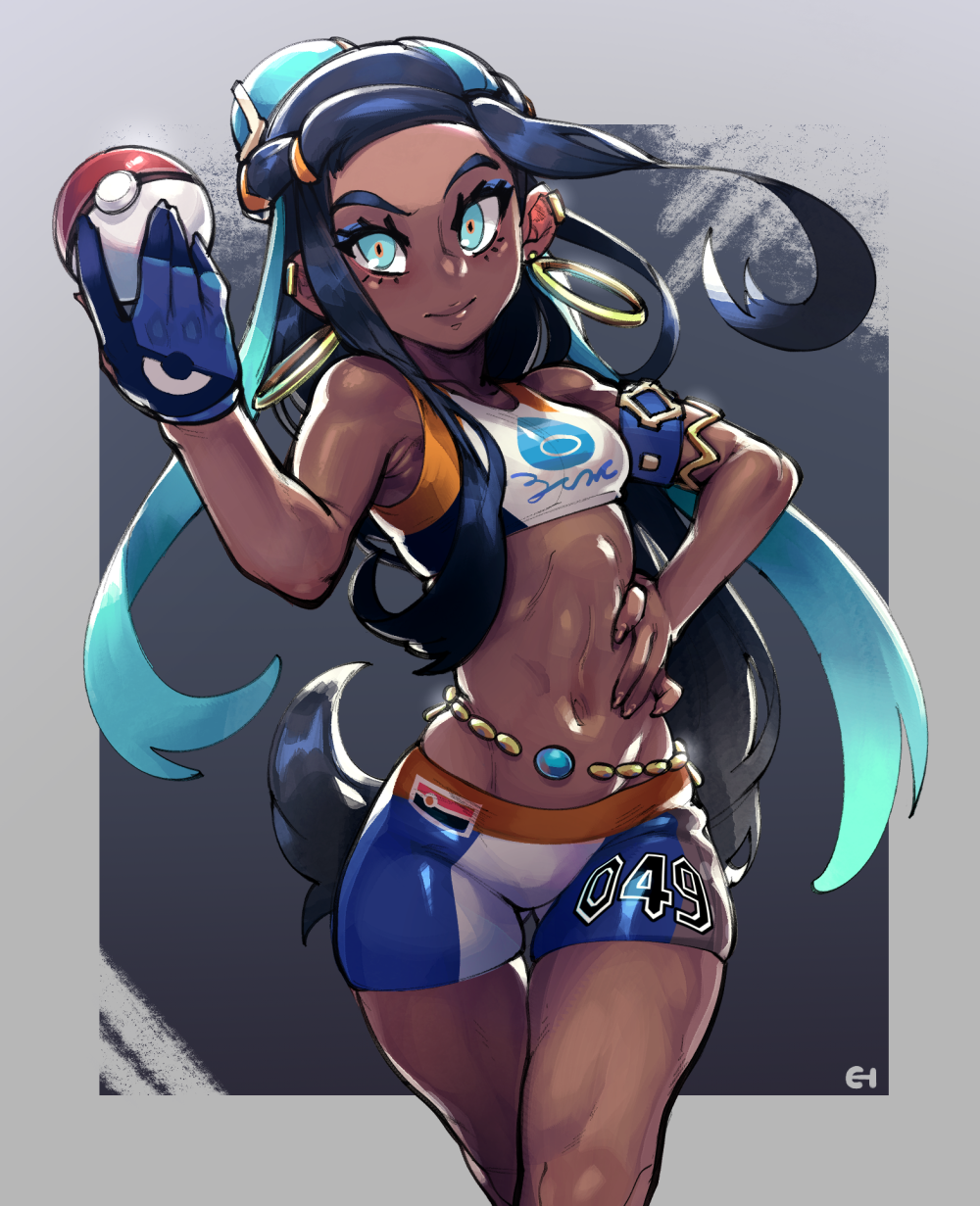 1girl armlet armpits ass_visible_through_thighs black_hair blue_eyes blue_hair dark_skin earrings eigaka eyelashes eyeshadow gloves hair_bun hand_on_hip highres holding holding_poke_ball hoop_earrings jewelry long_hair makeup multicolored_hair navel poke_ball pokemon pokemon_(game) pokemon_swsh rurina_(pokemon) single_glove sleeveless solo sports_bikini standing stomach thigh_gap toned two-tone_hair very_long_hair