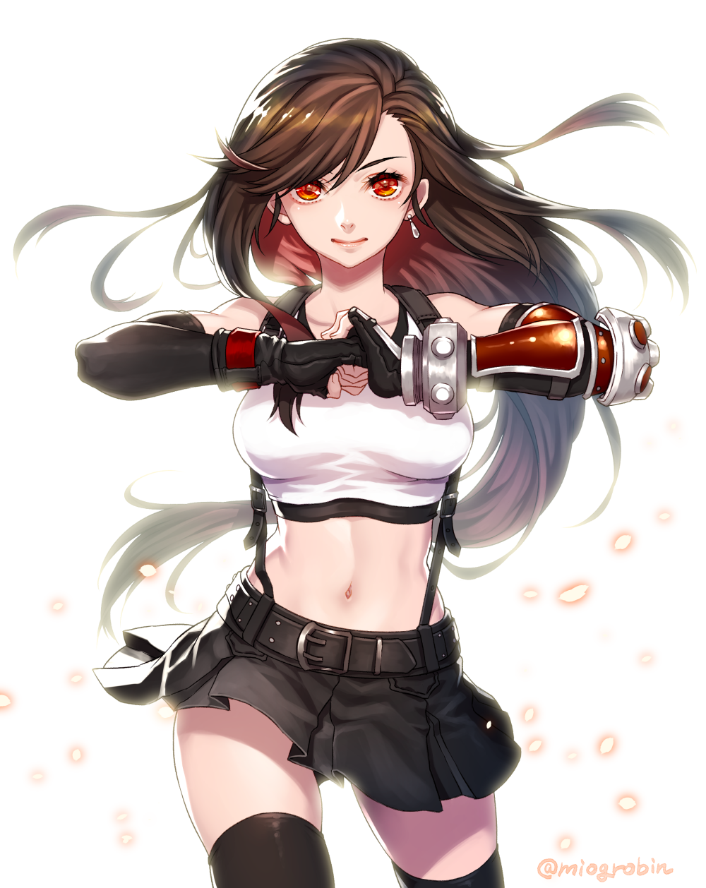 1girl arm_guards belt black_gloves breasts brown_eyes clenched_hand collarbone commentary_request cracking_knuckles crop_top earrings elbow_gloves final_fantasy final_fantasy_vii final_fantasy_vii_remake fingerless_gloves gloves highres jewelry long_hair miogrobin simple_background smile solo stomach suspenders tank_top tifa_lockhart undershirt upper_body white_background