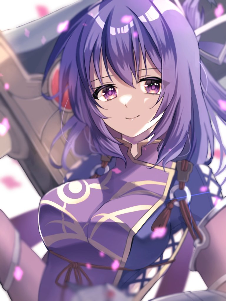 1girl ao_no_kiseki blurry blurry_background breasts double-parted_bangs eiyuu_densetsu falling_petals hair_between_eyes hair_bun holding holding_sword holding_weapon huge_weapon large_breasts looking_at_viewer natsusechoco petals portrait purple_hair rixia_mao smile solo sword upper_body violet_eyes weapon zero_no_kiseki