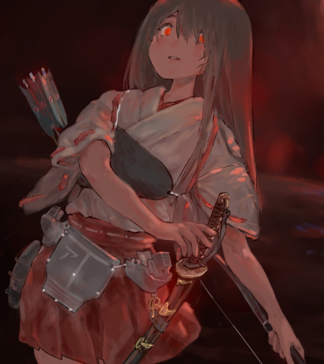 1girl akagi_(kantai_collection) arrow artist_request bangs black_hair bow_(weapon) commentary_request cowboy_shot glowing glowing_eyes hair_between_eyes hair_over_shoulder hakama hakama_skirt highres holding holding_bow_(weapon) holding_sword holding_weapon japanese_clothes kantai_collection katana kimono long_hair looking_down machinery muneate outdoors parted_lips red_eyes red_hakama red_ribbon remodel_(kantai_collection) ribbon ribbon-trimmed_sleeves ribbon_trim rigging scabbard sheath solo strap sword tasuki weapon white_kimono