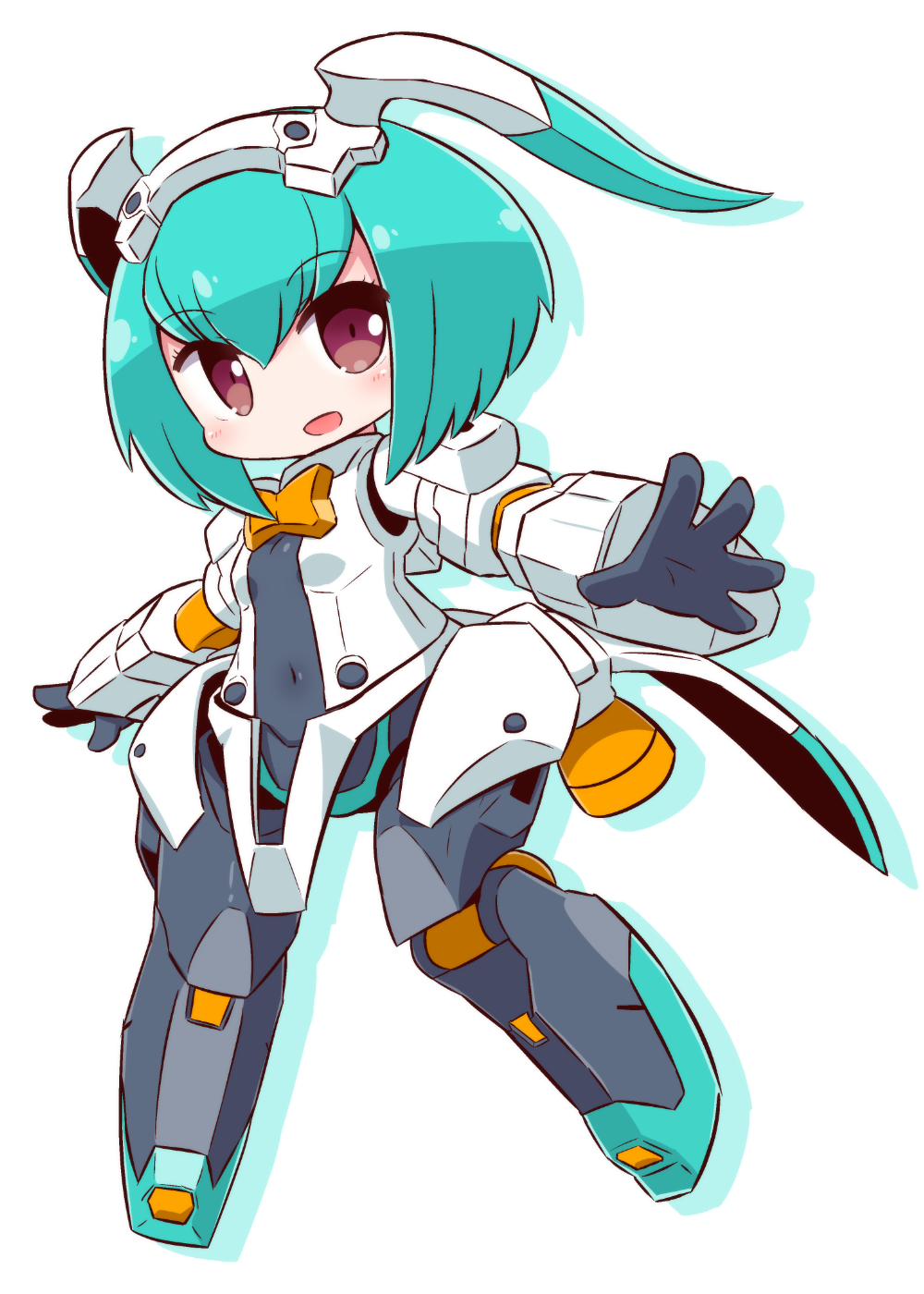 1girl :d bangs blush bow breasts brown_eyes chibi colored_shadow copyright_request covered_navel drop_shadow eyebrows_visible_through_hair full_body gloves green_hair grey_gloves hair_between_eyes headgear highres looking_at_viewer mecha_musume naga_u open_mouth orange_bow outstretched_arms shadow short_hair small_breasts smile solo white_background